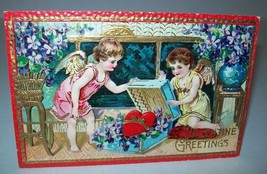 Valentine Greetings Postcard Series 0585 Embossed Cherub Angels Gold Trim Saxony - $15.75