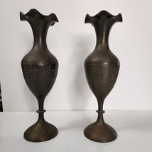 Vintage Etched Brass Fluted Ruffled Top Vase Set Of 2 Shabbiria Arts Ind... - £29.88 GBP