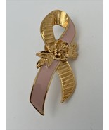 Lovely Avon Gold Tone With Pink Ribbon &amp; Rose Pin Breast Cancer Awareness - £5.76 GBP