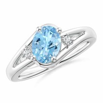 ANGARA 8x6mm Natural Aquamarine and Diamond Split Shank Ring in Sterling Silver - £306.74 GBP+
