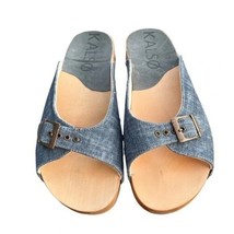 Kalso Earth Shoe SERENITY Negative Heel Wooden Blue Denim Slip On Sandals 9 $220 - £69.69 GBP