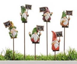 Gnome Garden Plant Stakes Set of 6 with Sentiment 11.4" high Resin Metal image 1
