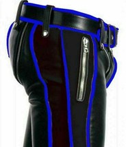 Men&#39;s Leather Genuine Cowhide Leather Black Trouser BLUE Stripes FRONT ,Rear Zip - £103.90 GBP