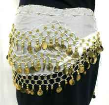 Belly Dance Hip Skirt Scarf Wrap Belt with Gold Coins WHITE 3 Rows, LIGH... - £8.79 GBP