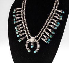 Navajo Sterling Silver Turquoise Squash Blossom Naja Necklace 27&quot; - £1,519.97 GBP