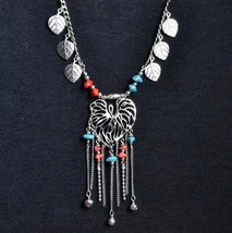 Long Boho Necklace, Turquoise and Coral Bohemian Necklace, Heart Necklace (421) - £17.53 GBP