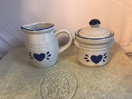 Set Sugar Bowl &amp; Creamer Ceramic Stoneware Taiwan Blue Speckled Pottery Heart - £9.28 GBP