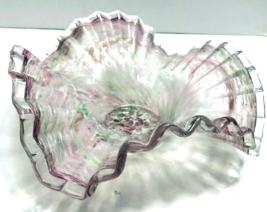 Ruffled Opalescent Stretch Art Glass Clear Pink and Green Candy Dish Bow... - £57.68 GBP