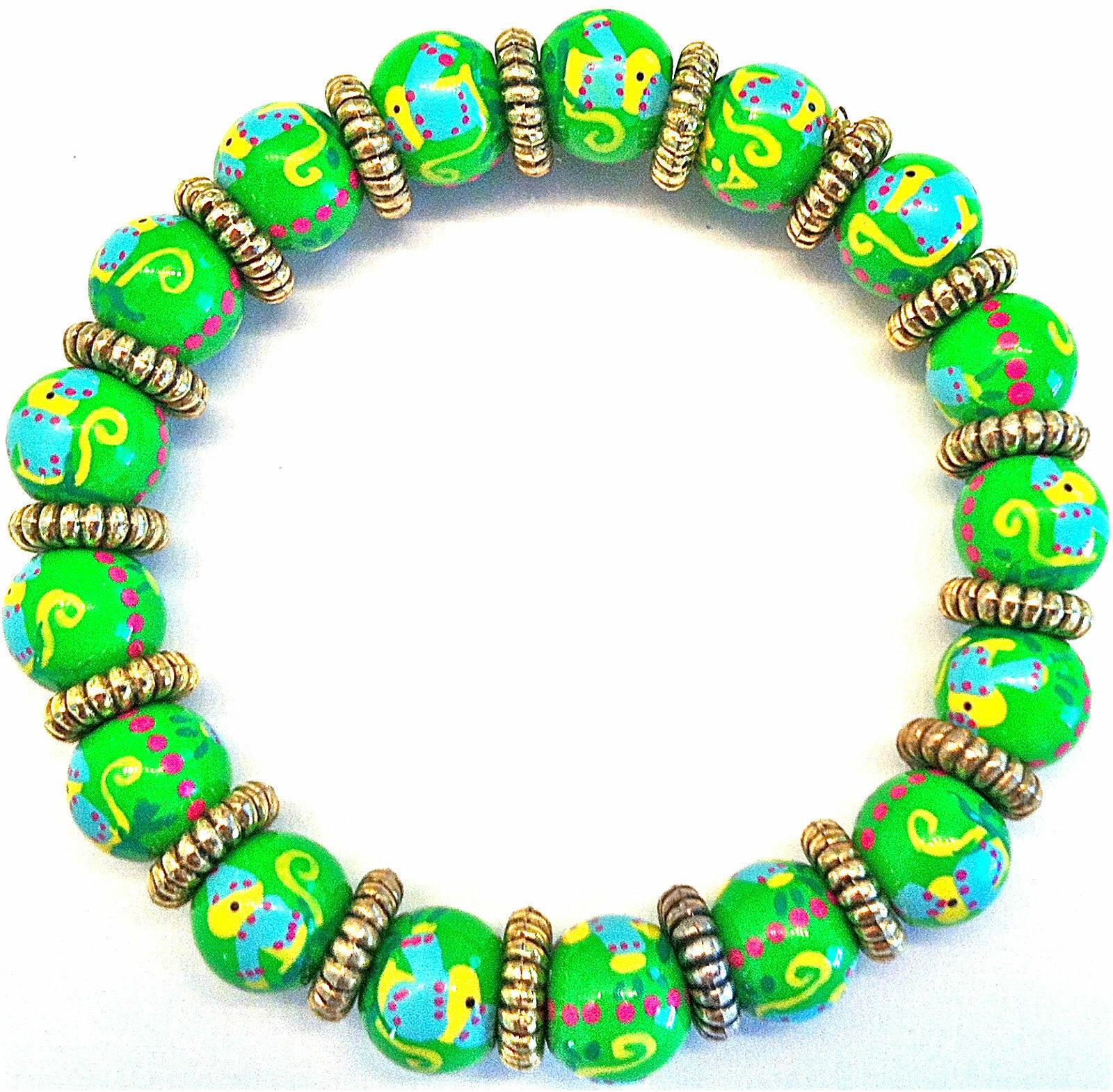 NEW ANGELA MOORE PETITE BEADED BRACELET GREEN W/ BLUE & YELLOW MONKEYS RED DOTS Item image 3