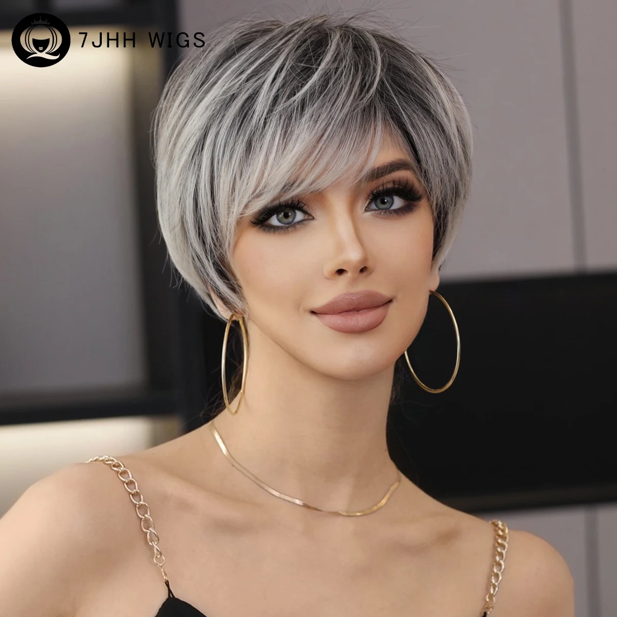 7JHH WIGS Ombre Black Blonde Bob Wig for Women Daily Party Synthetic Straig - £15.38 GBP+