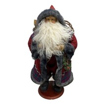 Santa Claus Holiday Decor Greeter 22” Snow Shoes Bag Rabbit Pelt On Wood Base - £49.83 GBP