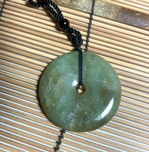 Jade Donut Amulet Pendant Cloth Cord 42mm Olive Green Certified Good Luck - £25.96 GBP