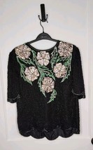 SCALA Vtg 100% Silk Heavily Beaded Short Sleeve Blouse Top Floral Black ... - $27.77