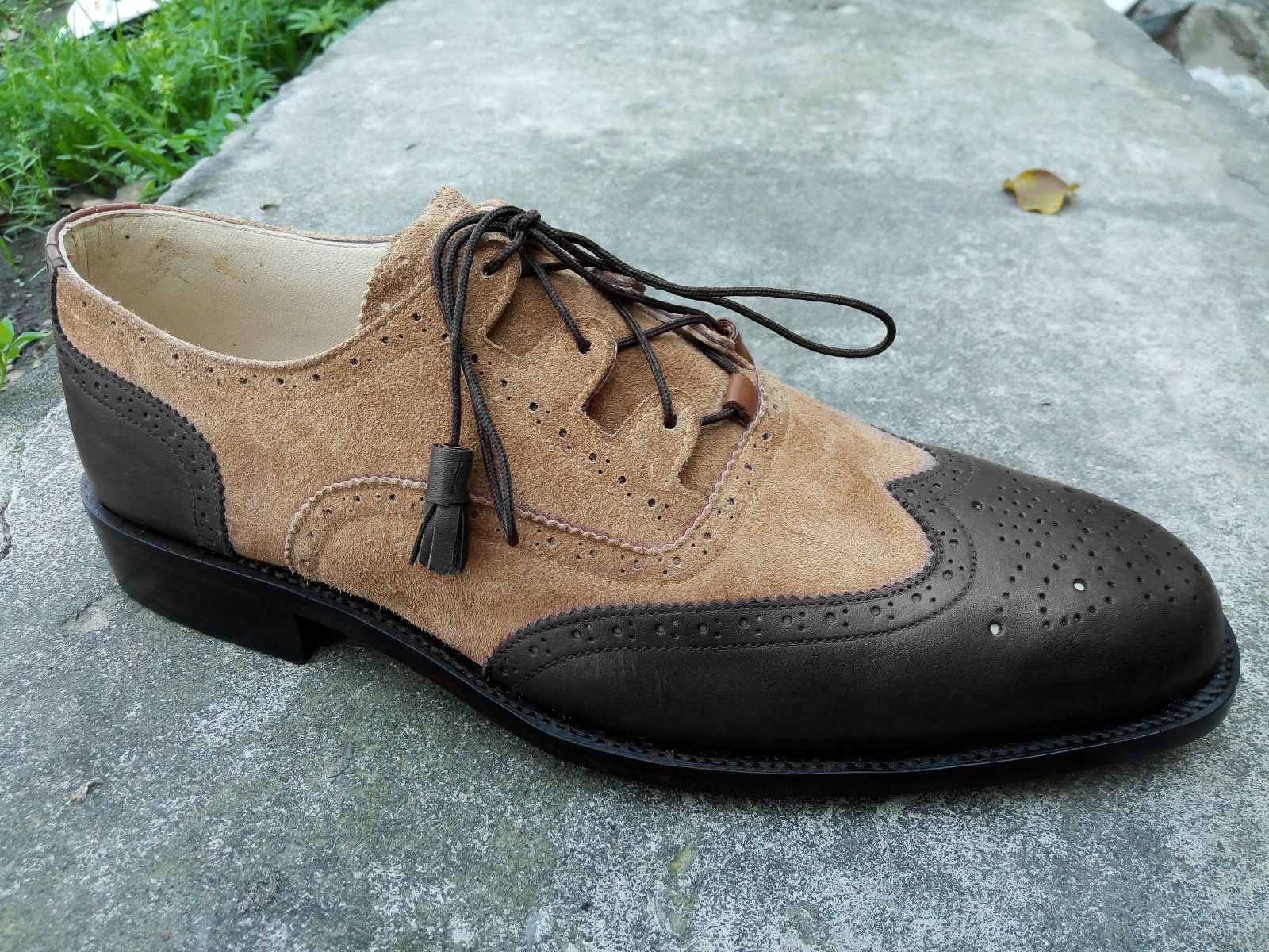 Handmade Men’s Black & Beige Color Leather & Suede Shoes, Wing Tip Brogue Dress