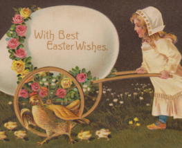 BARGAIN BIN Girl Pushing Huge Egg on a Cart, Hen, Chicks Antique Easter Postcard - £4.11 GBP