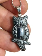 Owl Necklace Hematite Gemstone Pendant Protection Seeker Owl Stone 20&quot; Chain - £6.75 GBP