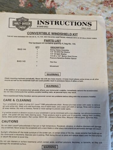 HARLEY DAVIDSON INSTRUCTION SHEET Convertible Windshield Kit 91849-85C - $3.95