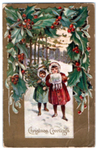 Postcard Embossed Christmas Greetings Girls Red &amp; Green Coats Winter Holly 1910 - £4.70 GBP