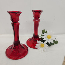 Vintage Indiana Glass Ruby Red Glass Candle Holder Pair 6 Inches Tall - £11.50 GBP