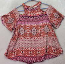 Elodie Blouse Girls Large Multi Geo Print Rayon Cold Shoulder Sleeve Hal... - $30.28