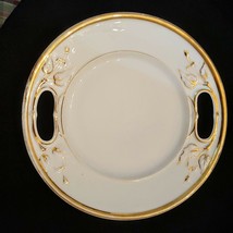 White Handled Cake Plate VTG Round Platter Gold Gilt Raised Vine Leaf Pa... - $14.83