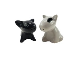 Ceramic Bull Terrier Dog Black White Salt Pepper Shaker Set - $240.75 MXN
