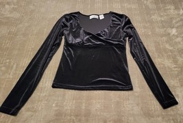 Currants Black Velour CrissCross Low V Neck Empire Waist Top Shirt Medium - $7.69