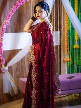 Soft Fandy Satin Saree with heavy embroidery sequence, multi-thread &amp; za... - $99.00