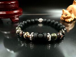 Taurus Zodiac Gemstone Bracelet, Red Snowflake Obsidian &amp; Matte Black Pe... - $25.57