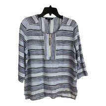 Ellen Tracy Women Shirt Adult Size Large Blue White Strips 3/4 Sleeve 100% Linen - £17.59 GBP