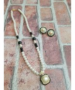 Vintage 1980s Faux Pearl and Black Enamel Pendant &amp; Goldtone Chain Clip ... - £30.07 GBP