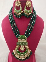 Kundan Green Pendant Necklace Haar Mala Beautiful Desinger Jewelry set j595 - £44.19 GBP