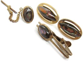 Vintage Cufflinks Round Gold Plated Abalone With Tie Tack And Tie Clip - £53.50 GBP