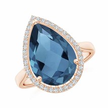 ANGARA Pear-Shaped London Blue Topaz Cocktail Ring with Diamond Halo 14K Gold - £969.85 GBP