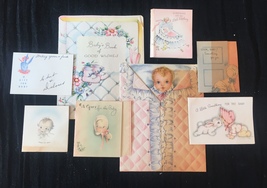 Set of 8 Vintage 40s illustrated Birth/Baby card art (Set B)