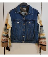 Womens S POL Blue Denim Jean Coat Jacket Multicolor Knit Sweater Sleeves - $720.09 MXN