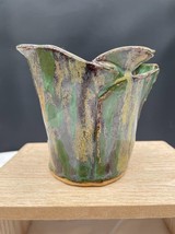 Student Pottery Handkerchief Vase Planter Green Yellow Purple Glaze Sign... - £11.60 GBP