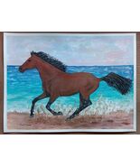 Painting Akhal Teke Horse Galloping On Ocean Beach Original Signed Art E... - $27.68