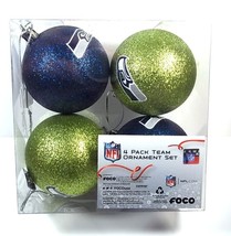 Seattle SEAHAWKS set of 4 round 2.5&quot; glitter Christmas team ball ornaments - £9.74 GBP