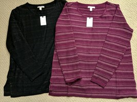 Dana Buchman Metallic Silver Stripe Sweater Sz L XL Black or Dark Red NWT - $8.49
