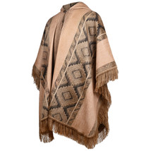 LIGHTWEIGHT BABY ALPACA WOOL HOODED PONCHO FRINGE UNISEX TAUPE &amp; CHARCOAL - $79.15