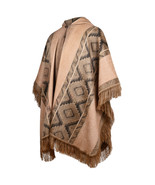 LIGHTWEIGHT BABY ALPACA WOOL HOODED PONCHO FRINGE UNISEX TAUPE &amp; CHARCOAL - £61.88 GBP