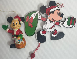 Vintage Micky Mouse Holding Christmas Bag Ornament Walt Disney &amp; Wood Pull Orn - £8.84 GBP