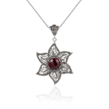 Filigree Art Ruby Corundum Gemstone Star Design Women Silver Pendant Necklace - £53.06 GBP