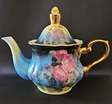 Gorgeous Floral Gold Blue Ombre Teapot Tea Pot Unmarked Excellent Condition - £70.60 GBP