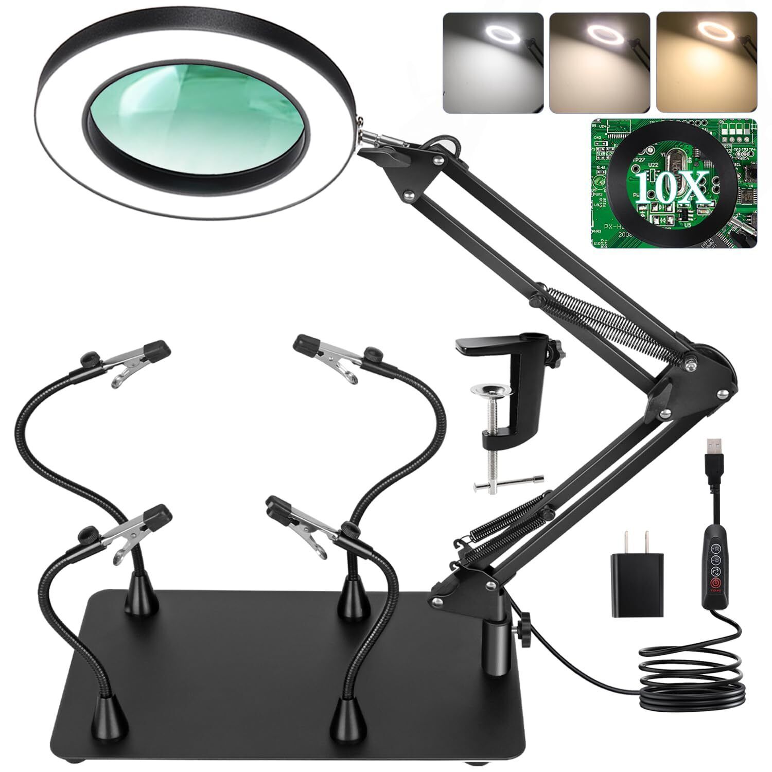 MagnieOpti Helping Hands Soldering Station 10X Magnifying Glass with Lig... - $114.23