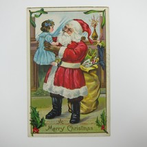 Christmas Postcard Santa Holds Little Girl Bags Toys Gold Embossed Antiq... - £11.76 GBP