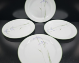 4 Corelle Shadow Iris Luncheon Plates Set Corning Purple Flowers Green T... - £27.85 GBP