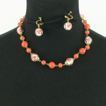 LAMPWORK vtg glass bead necklace &amp; screwback earrings - orange silver fo... - $30.00