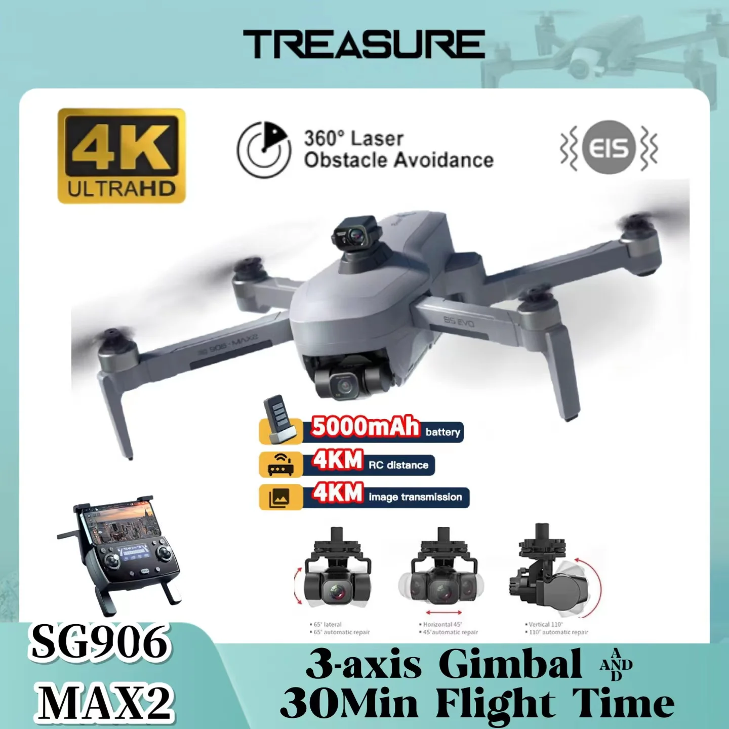 SG906 MAX 2 Professional 4K Drone 3-Axis Gimbal Camera 4KM Brushless Quadcopt - £354.19 GBP+